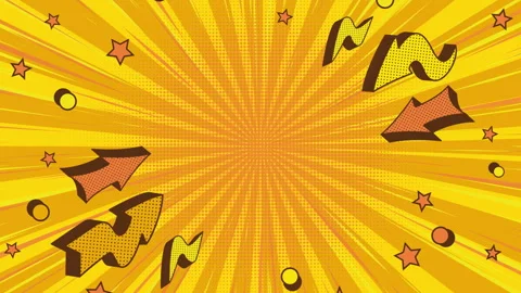 Vibrant yellow comic book background with radial lines, stars, and arrows Video stock 305758990