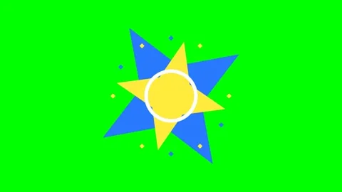 A vibrant yellow sun icon centered on a blue star against a green background Stock Footage 340903315