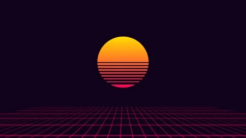 A vibrant yellow sunset over a digital red grid in a retro synthwave style Video stock 335117827