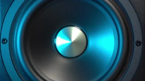 Vibrating modern sub-woofer with blue highlights Stock Footage 151556669