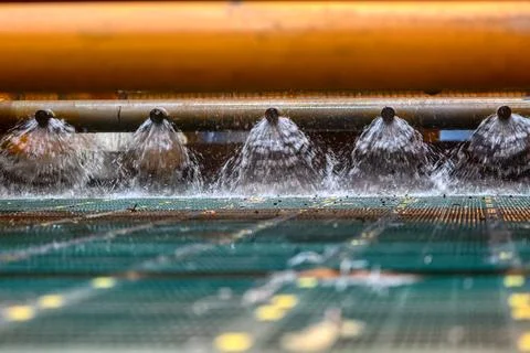 Vibrating screen, ore washing with liquid. The liquid is poured out in a fan Stock Photos