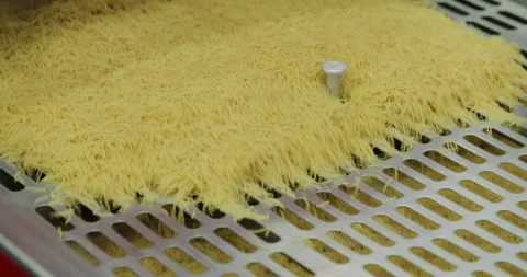 Vibrating screening platform separates small filini pasta through perforated Stock Footage 346226871