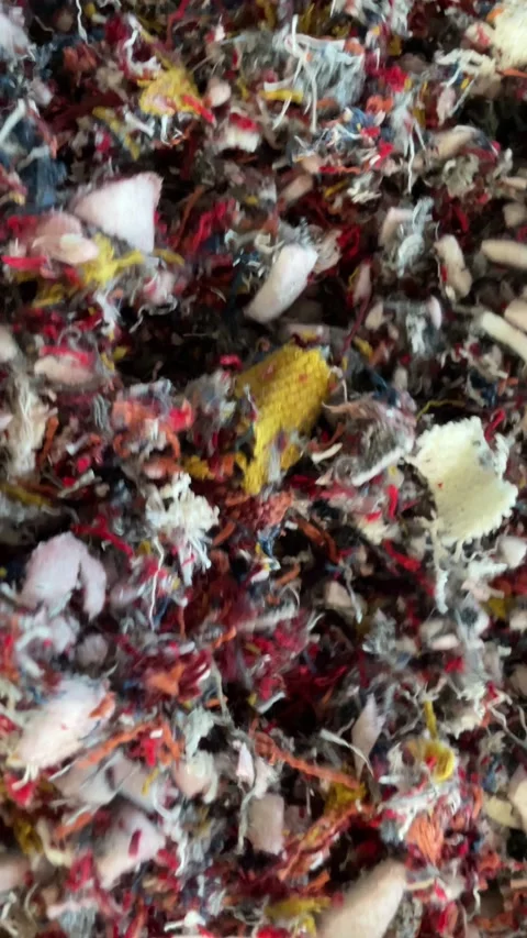 Vibrating Shredded Textile residue moving on conveyor belt. Concept ecology and Stock Footage 263080944