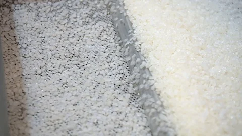 Vibratory conveyor. White plastic granules move under the influence of vibration Stock Footage 130166060