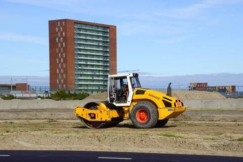 Vibratory roller on a Dutch construction site Stock Photos