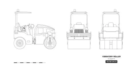 Vibratory roller in outline style. Side, back and front view. Building machinery Stock Illustration