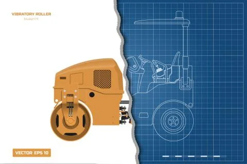 Vibratory roller in outline style. Side, back and front view. Building machinery Stock Illustration