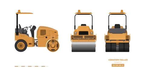 Vibratory roller in realistic style. Side, back, front view. Building machinery Stock Illustration