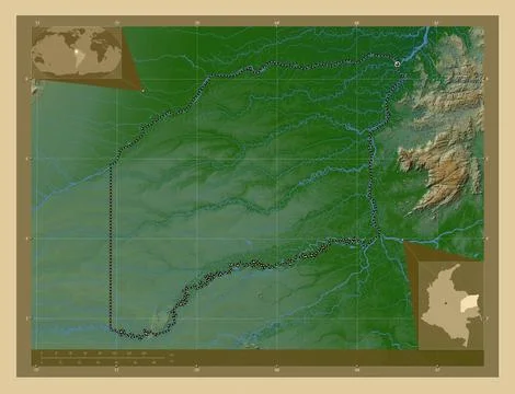 Vichada, Colombia. Colored elevation map with lakes and rivers Illustrazione stock