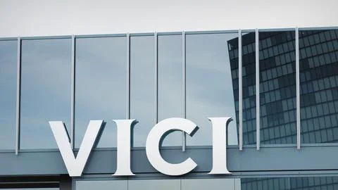 VICI Properties Stock data presented on the logo of the office facade editorial Stock Photos