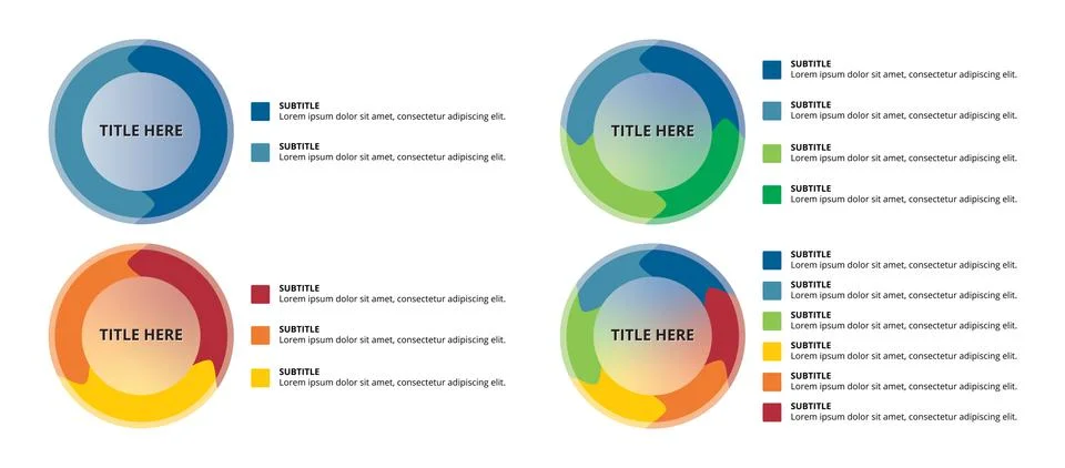 Vicious circles with colored arrows structured by two three four and six segm Stock Illustration