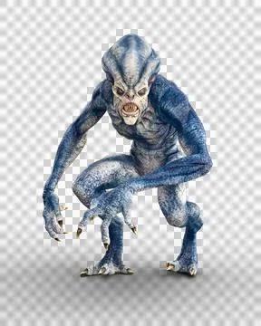 Vicious looking alien creature with sharp teeth, claws and menacing stare cre Illustrazione stock