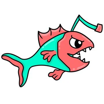 Vicious sharp toothed fish from deep red waters, doodle icon image kawaii Stock Illustration