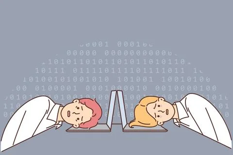 Victims of hackers attack put heads on keyboard after hacking server and losing Illustrazione stock
