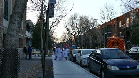 Victims watching fire intervention with red cross sheet Video stock 138530886