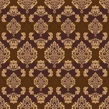 Victorain damask pattern in elegant gold tones on a dark brown background Stock Illustration
