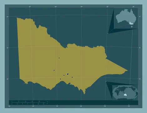 Victoria, Australia. Solid color shape. Locations of major cities of the regi Stock Illustration