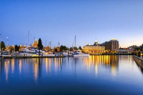 VICTORIA, BC, MAY 08 2019: Downtown Victoria, Canada. Night scene of the harbour Stock Photos