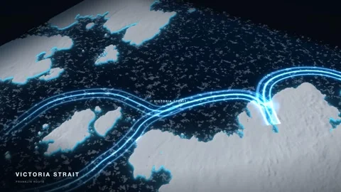 Victoria Strait 3D White Terrain Relief Map With Glowing Route And Pack Ice Stock-Footage 343396610