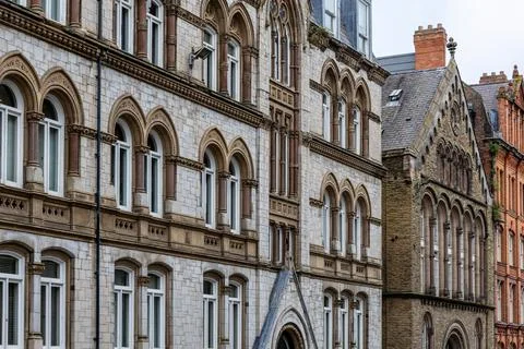 Victorian architectural facade with arched windows in Liverpool, UK. Stock Photos