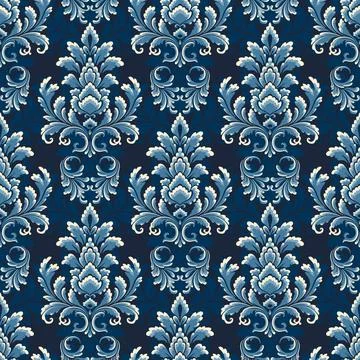 Victorian damask vintage seamless pattern in blue tone Stock Illustration