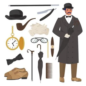 Victorian gentleman set, flat vector isolated illustration. English gentleman Stock Illustration