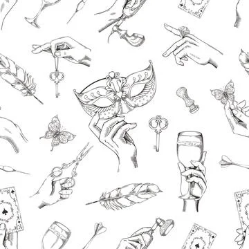 Victorian hand drawn pattern. Sketch print. Pointing forefinger with ring Stock Illustration