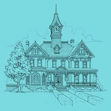 Victorian house with clock tower architectural line art Stock Illustration