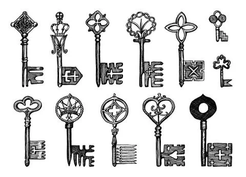 Victorian keys. Medieval Gothic locks set. The device for opening the door Stock Illustration