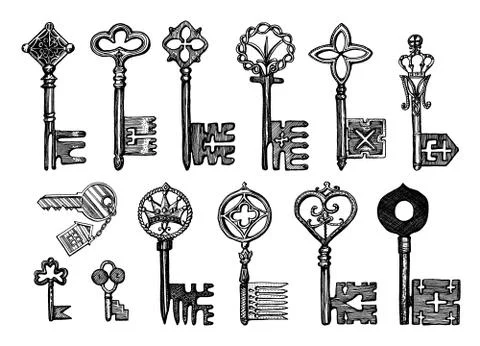 Victorian keys. Medieval Gothic locks set. The device for opening the door Stock Illustration
