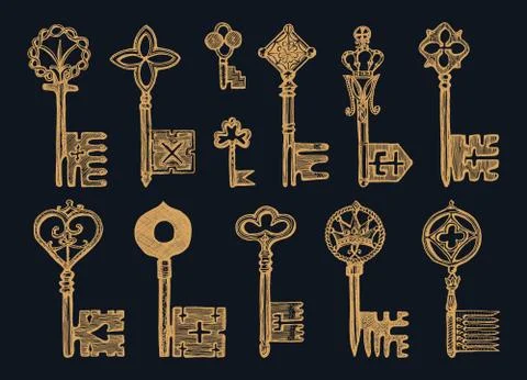 Victorian keys. Medieval Gothic locks set. The device for opening the door Stock Illustration