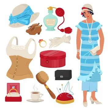 Victorian lady set, flat vector isolated illustration. English lady clothing and Stock Illustration