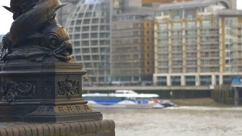 VICTORIAN METAL FISH STATUE THAMES RIVER LONDON BOAT CRUISE PASSING Stock Footage 82644351