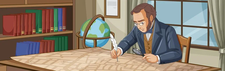 Victorian scholar studying a map in a library with a magnifying glass Иллюстрация