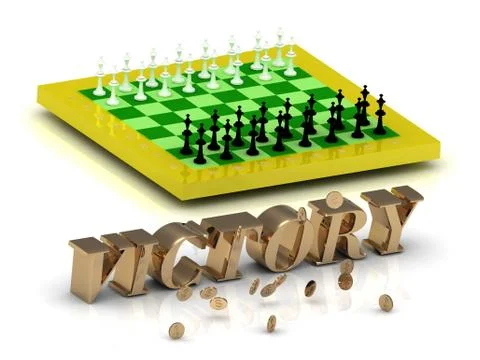 VICTORY- bright gold letters money and yellow chess on white background Stock Illustration