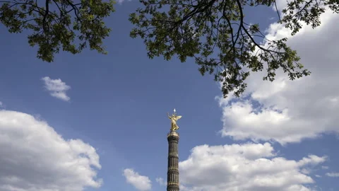 The Victory Column in Berlin, Germany, against a blue sky in summer. Stock Footage 302074341