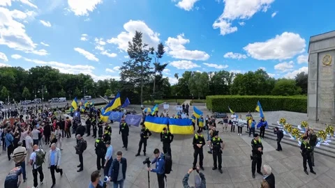 Victory Day in Berlin. Soviet War Memorial (Tiergarten). Immortal Regiment. Stock Footage 334006124