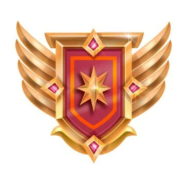 Victory game red badge vector icon, golden winner medal, wings, shield Stock Illustration