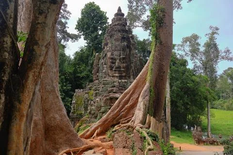 Victory Gate Stone Face Tower Framed by Banyan Tree Roots at Angkor Thom Stock Photos