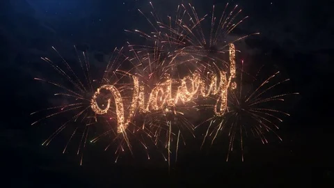 Victory greeting text with colored slow motion fireworks Stock Footage 75655089