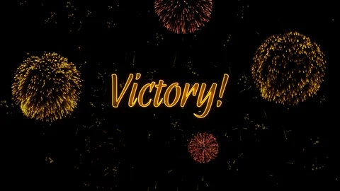 Victory Greeting text with particles, colored fireworks, sparks and stars Stock Footage 99060395
