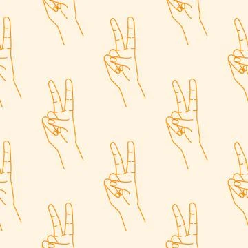 Victory hand signs seamless pattern. Silhouette orange linear contour on a li イラスト素材