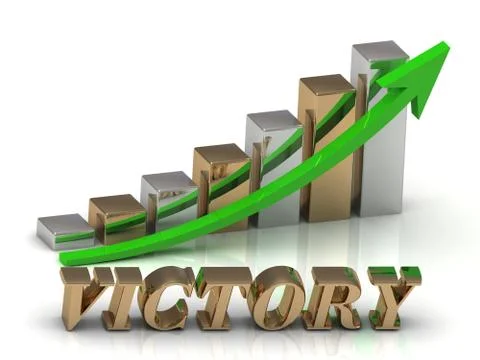 VICTORY- inscription of gold letters and Graphic growth and gold arrows on wh Stock Illustration