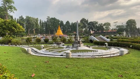 Victory Monument Model at Mini Siam, famous miniature park attraction in Pattaya Stock Footage 221187436