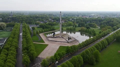 Victory Park Monument Surrounded by Security Fence With Police Presence Nearby Stock Footage 303886417