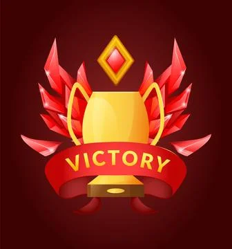 Victory prize. Ruby gemstones wings, golden goblet, ui game element. Sport and Stock Illustration