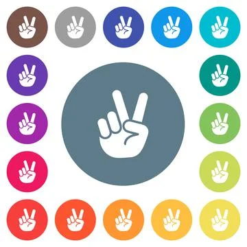 Victory sign hand gesture flat white icons on round color backgrounds Illustrazione stock