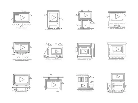 Video advertising flat line vector icons set Stock Illustration