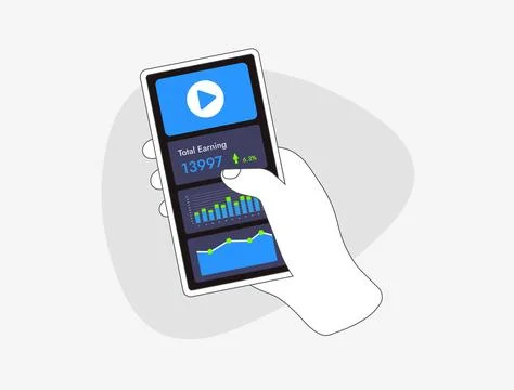 Video Analytics mobile dashboard with statistical graphs, earnings. Number of Stock Illustration