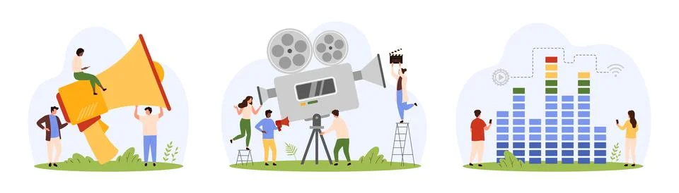 Video and audio recording, tiny people control settings in graphic equalizer app イラスト素材